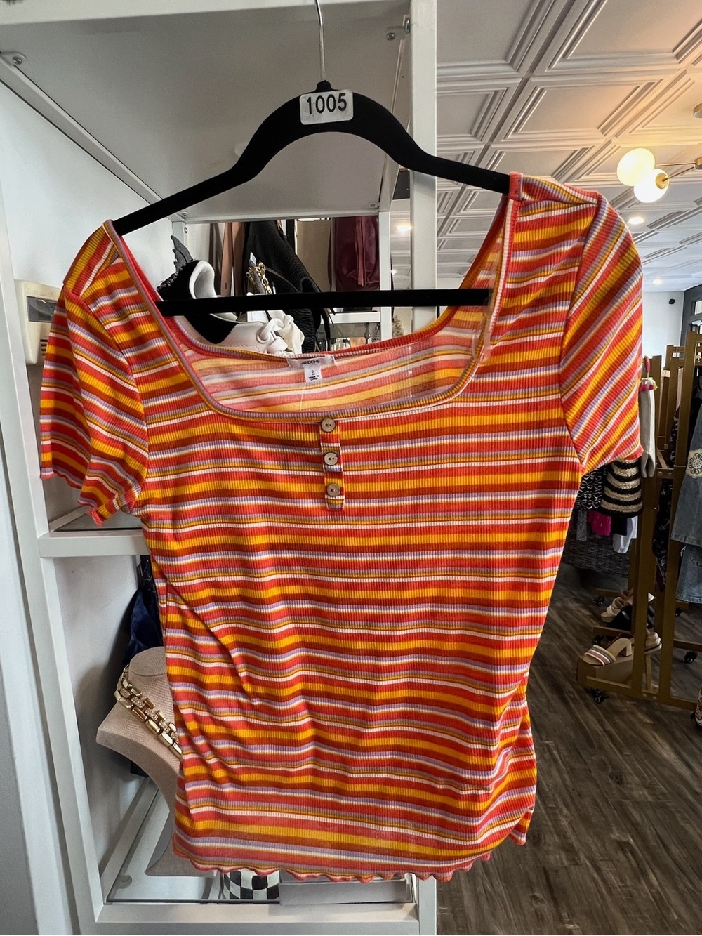 Ardene Short Sleeve Striped Tee in Orange, Pink, Yellow